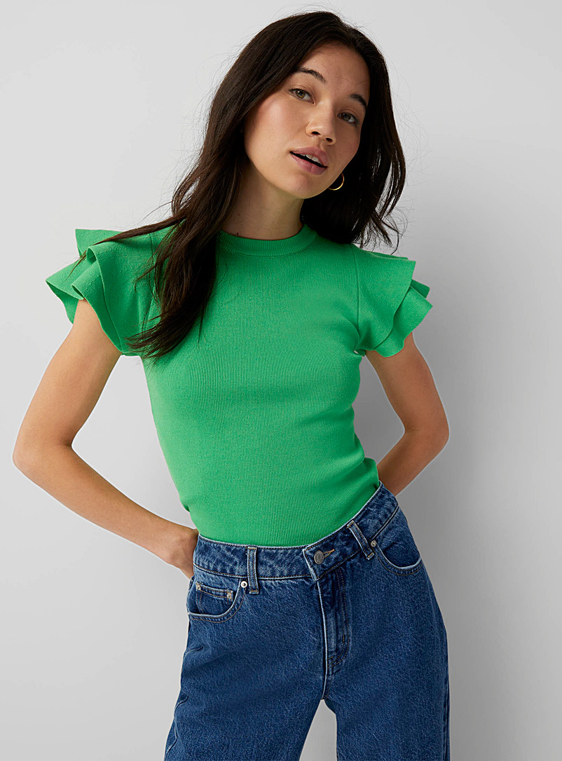 Twik Bottle Green Ruffle-sleeve sweater for women