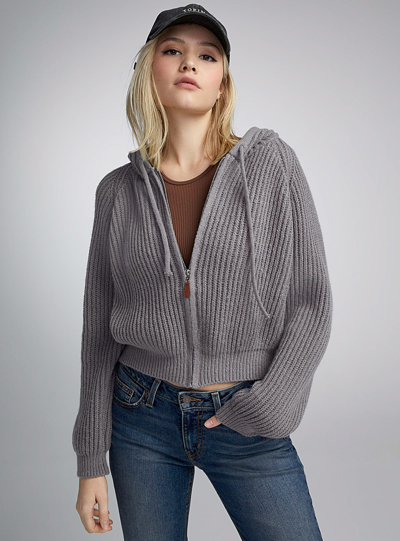 Zippered hooded rib-knit sweater