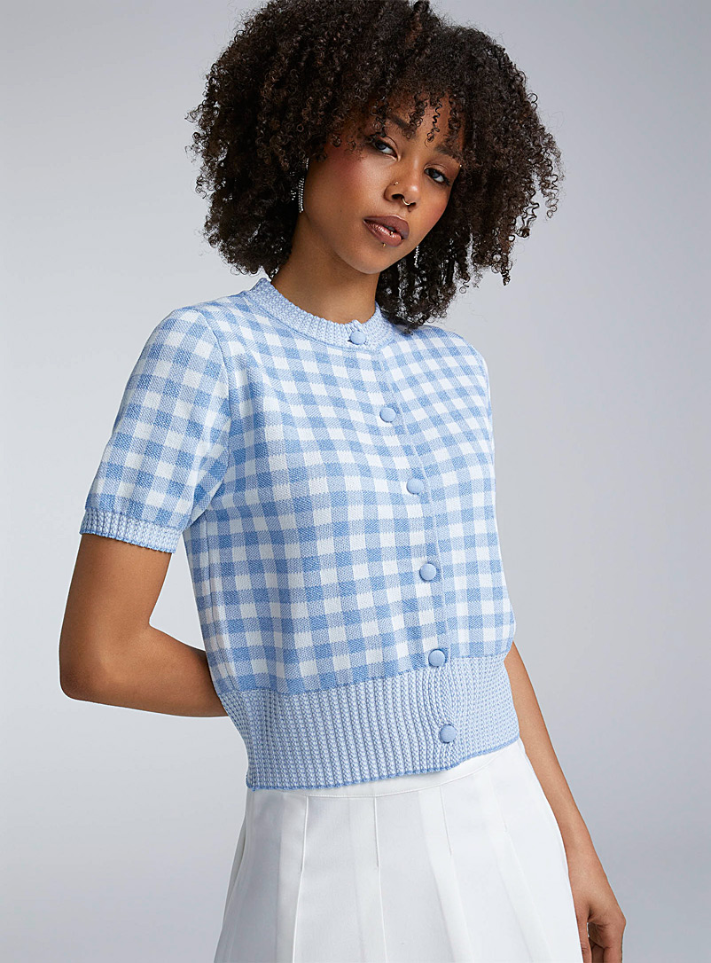 Twik Baby Blue Buttoned gingham cardigan for women