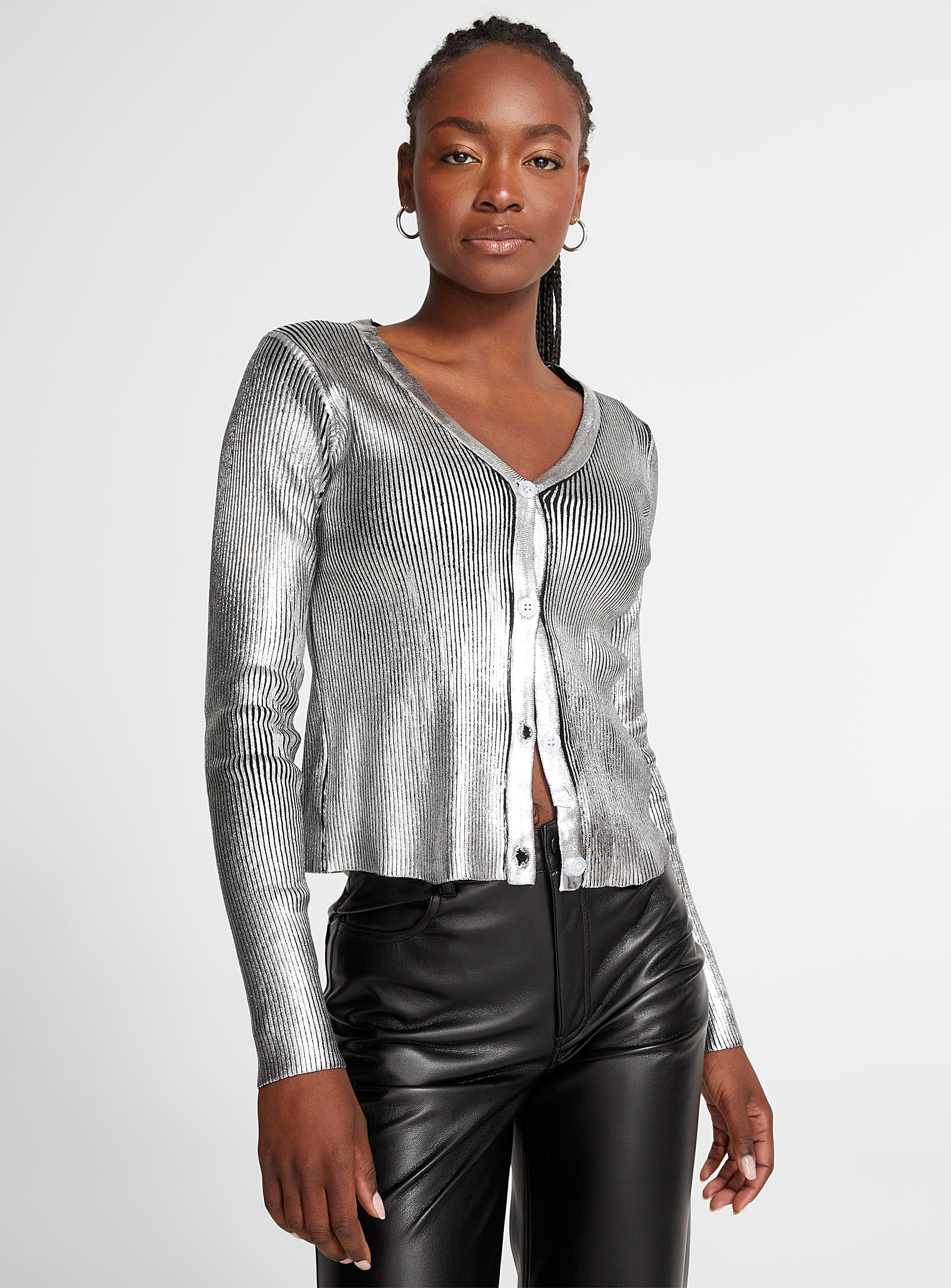 Icone Metallized Coating V-neck Cardigan In Silver