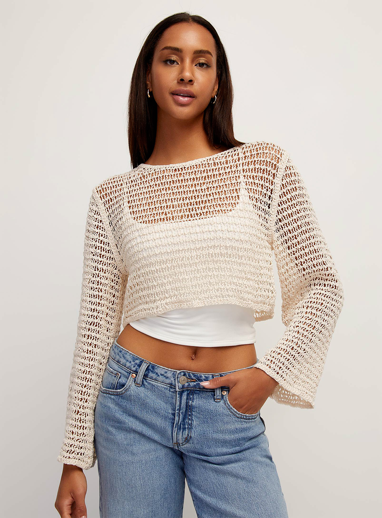 Icone Mesh Weave Cropped Bell-sleeve Sweater In Neutral