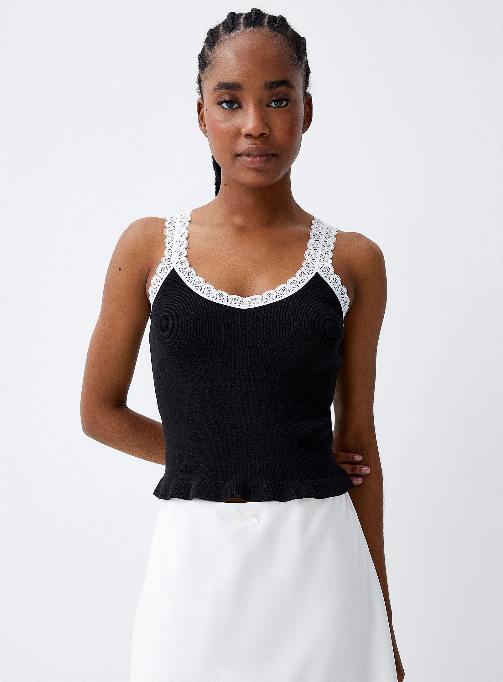 Twik Pointelle Knit And Lace Cami In Black