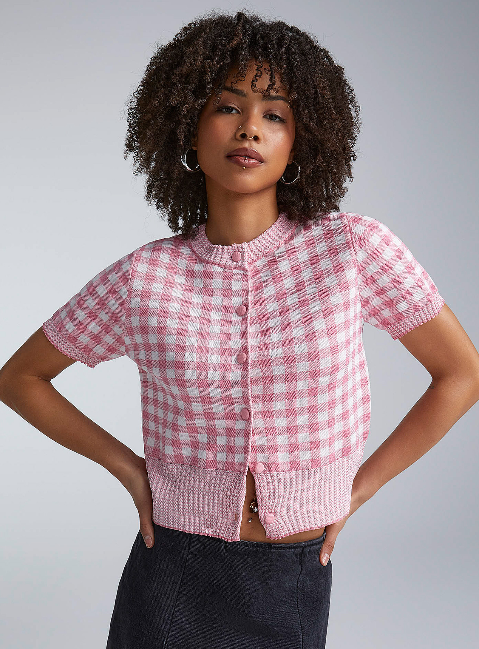 Twik Buttoned Gingham Sweater In Red