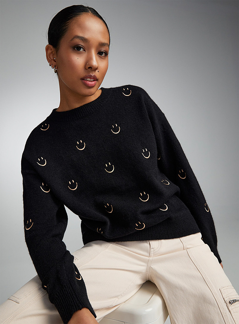Twik Patterned Black Smiley faces sweater for women