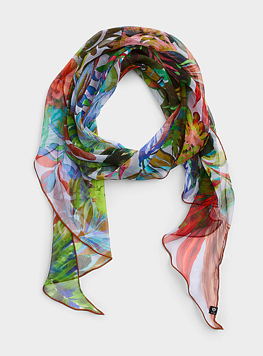 Le long foulard diaphane fleurs tropicales pure soie