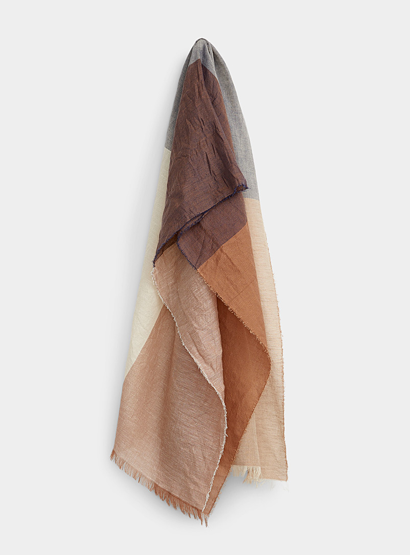 Simons Patterned Brown Colour-block linen-blend scarf for women