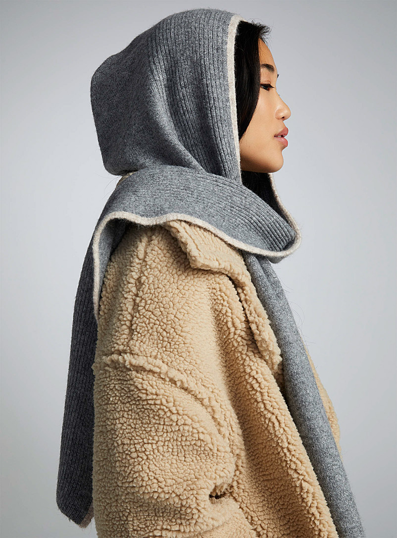 Fraas Light Grey Contrast-trim hooded scarf for women