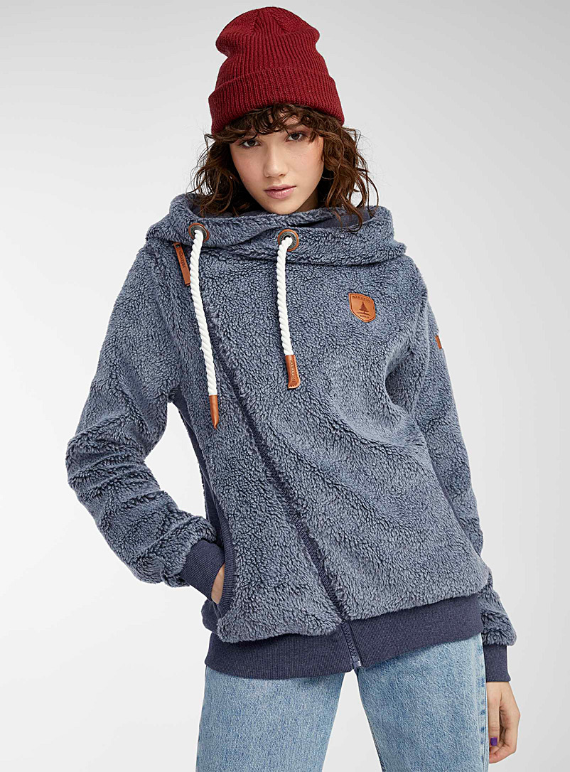 Wanakome Slate Blue Diagonal-zip sherpa hooded sweatshirt for women
