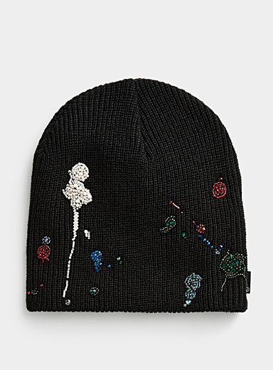 Undercover Black Embroidered beads rib-knit tuque for men