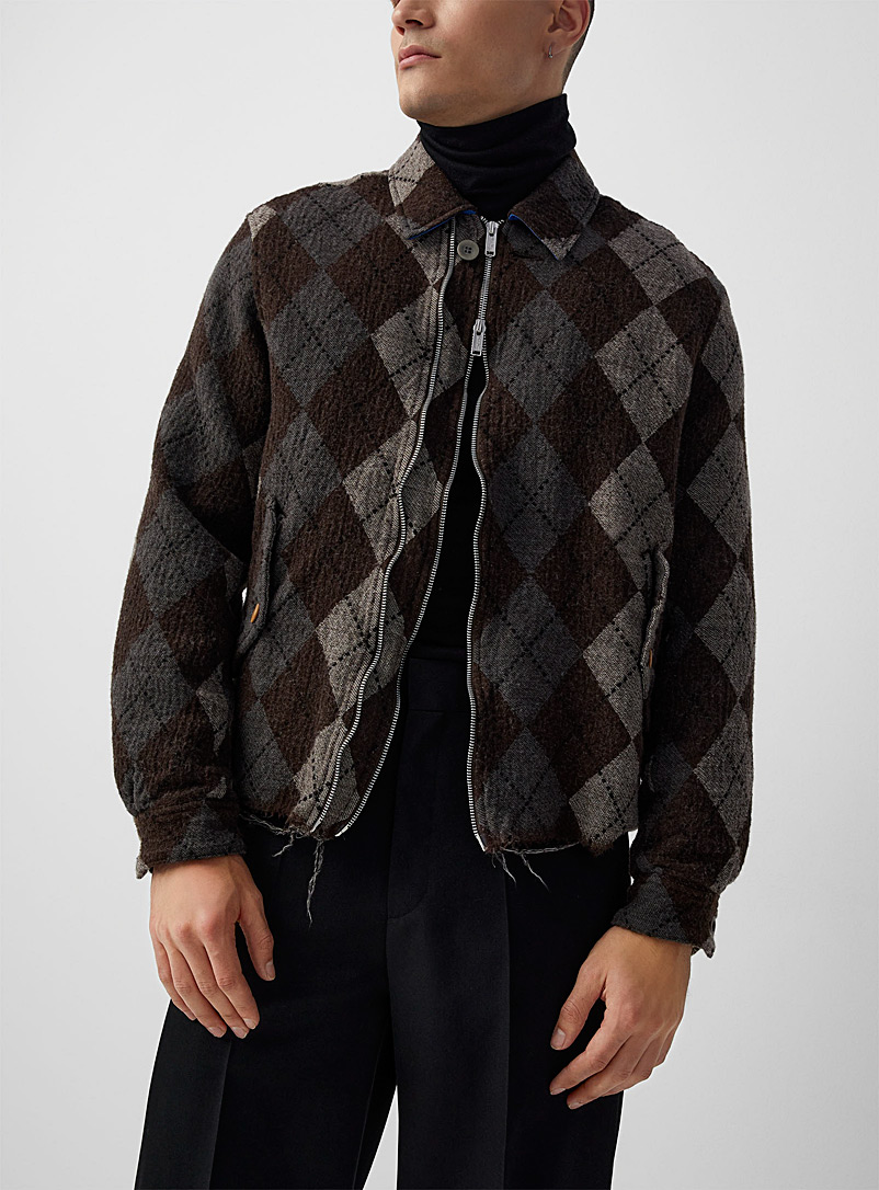 Undercover Brown Frayed argyle knit jacket for men