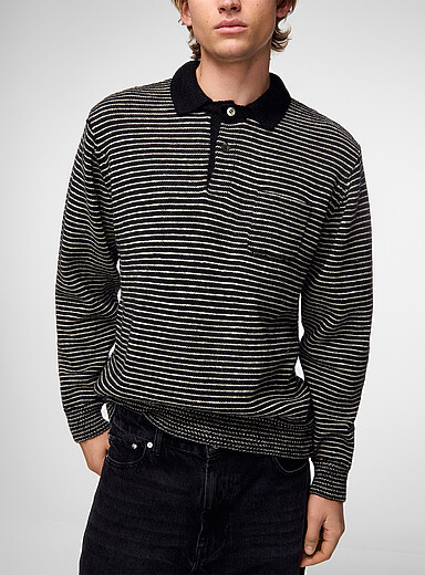 Undercover Black Striped pure wool polo shirt for men