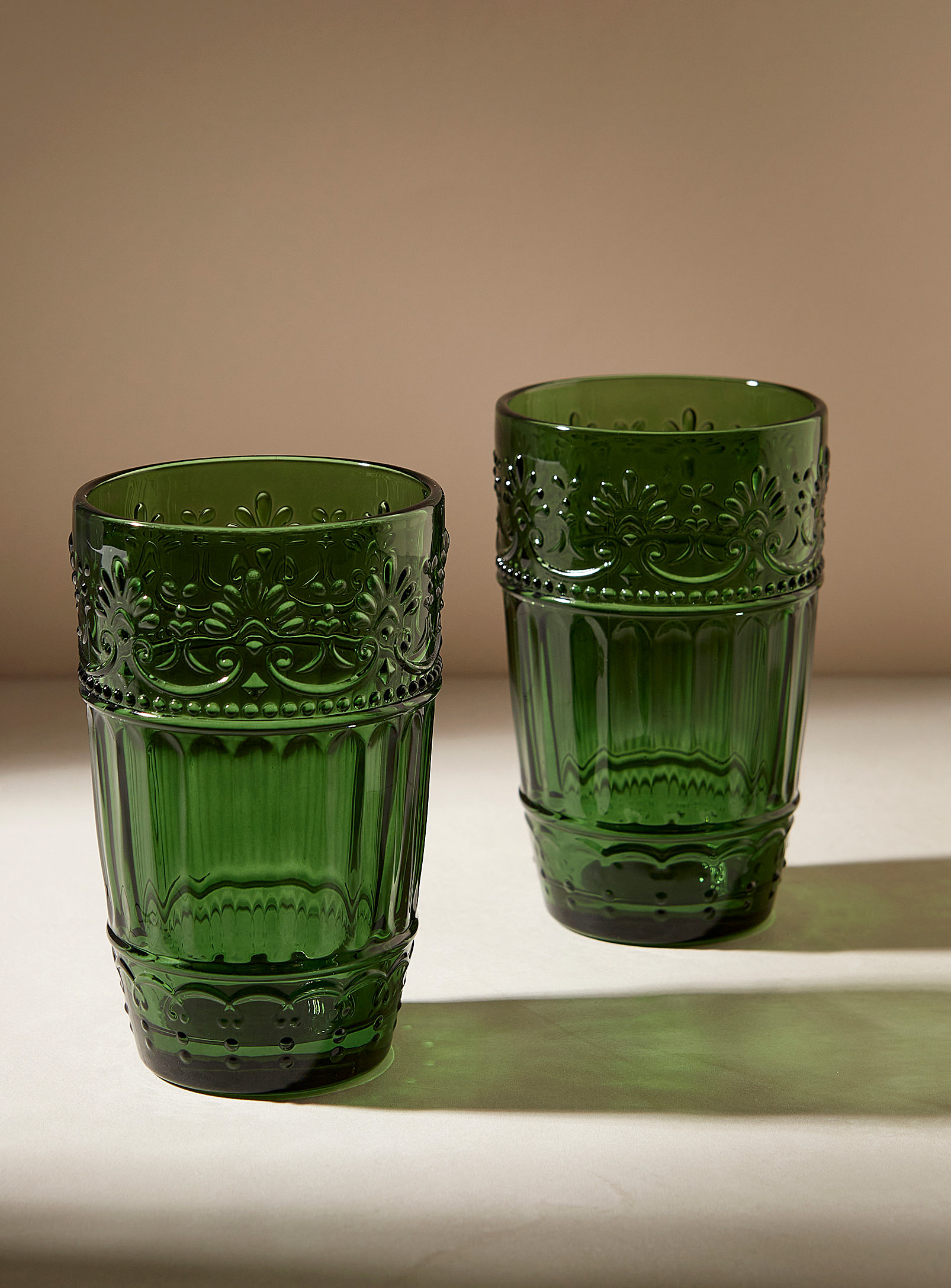 Simons Maison Embossed Floral Highball Glasses Set Of 2 In Mossy Green