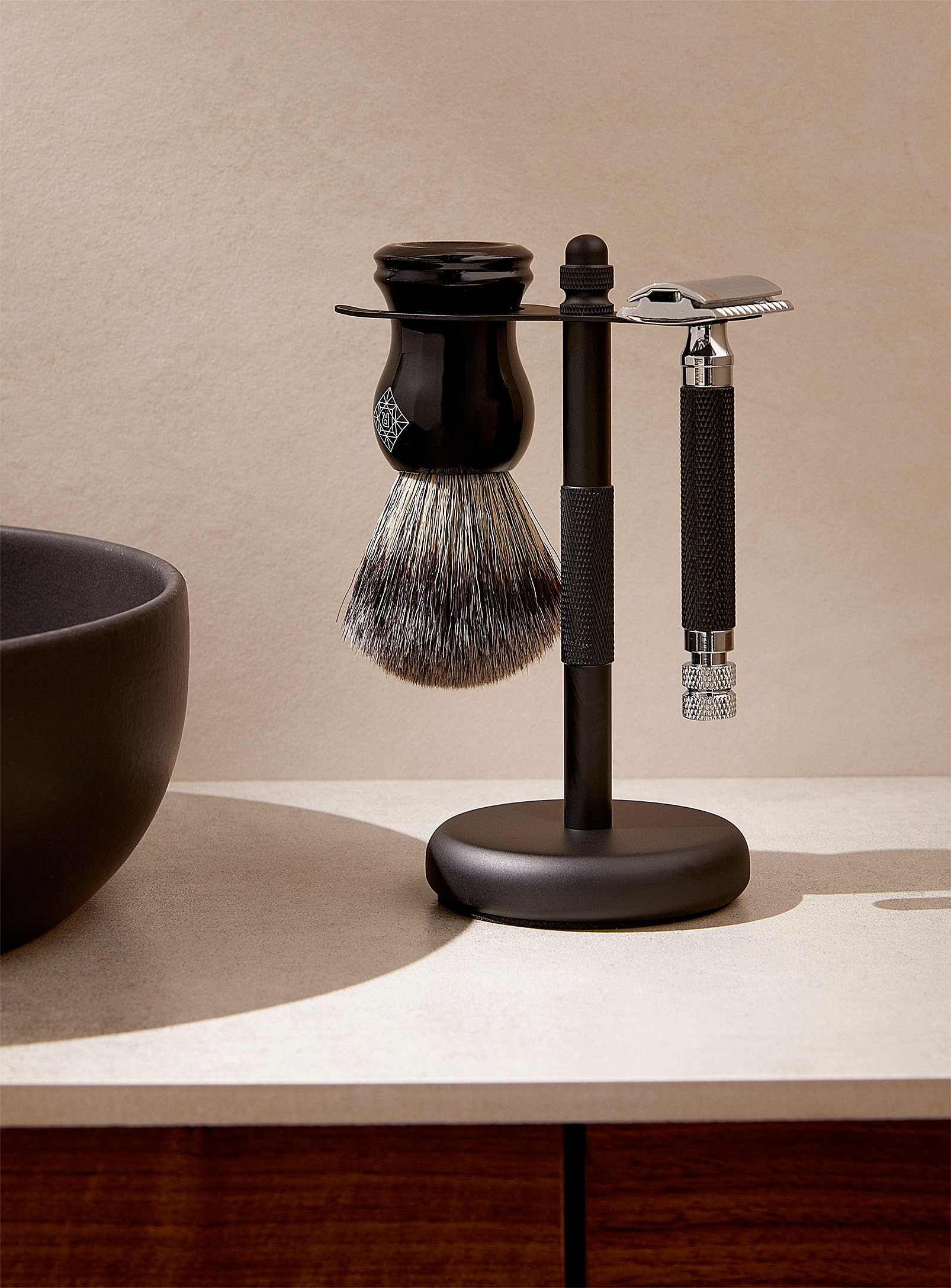 Pure Badger Chrome Shaving Brush And Safety Razor Stand In Black