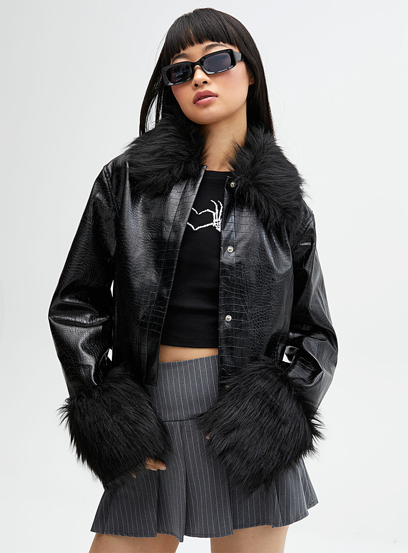 Twik Black Faux croc leather and fur jacket for women