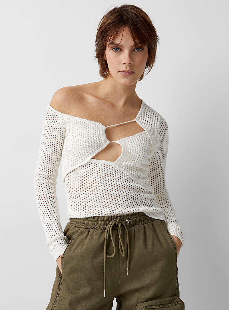 Twik Ivory White Openwork and cutouts sweater for women
