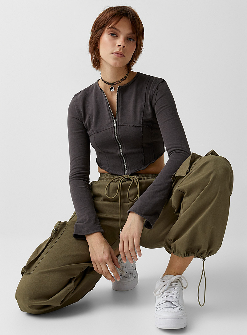 Twik Charcoal Reverse seams zipped T-shirt for women