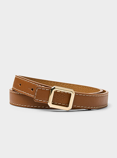 Square-buckle topstitched leather thin belt