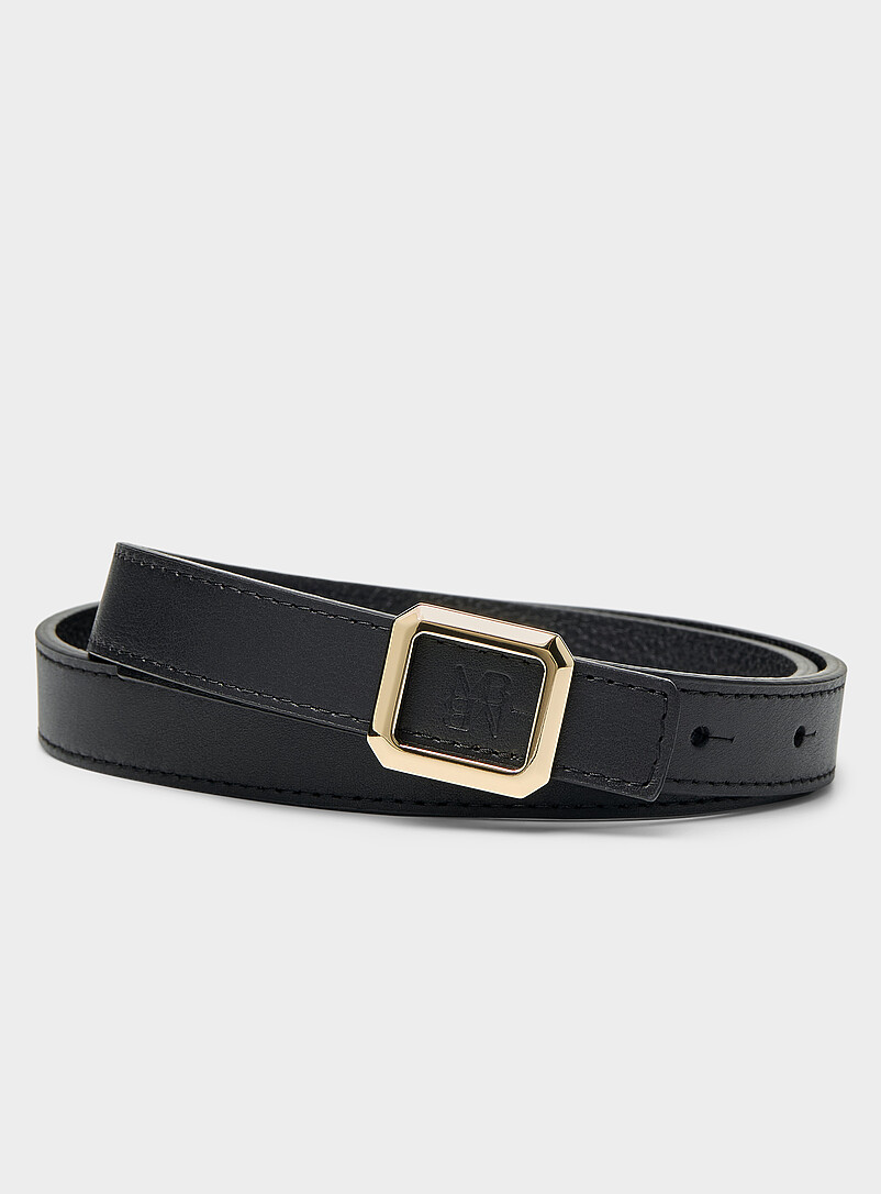 Square-buckle topstitched leather thin belt product image (primary)