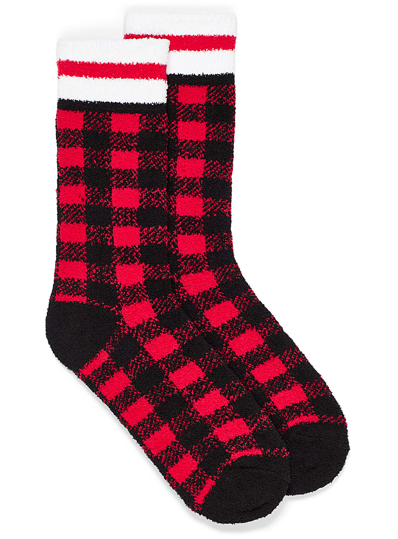 Simons Patterned Red Cotton fleece check sock for women