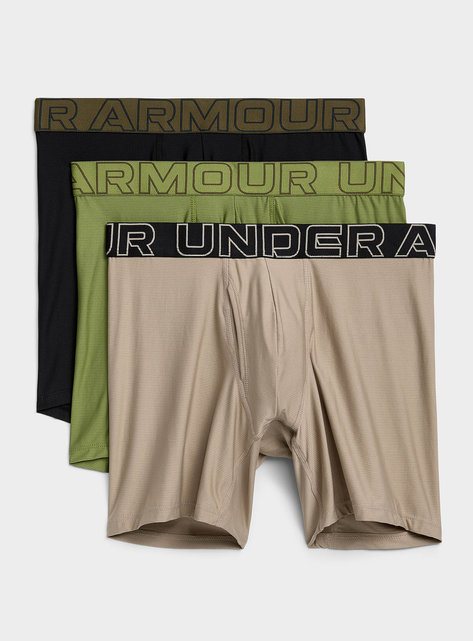Under Armour - Les boxeurs longs maille performante vert/noir/beige 6 po Emballage de 3 (Homme, Vert, TT.GRAND)
