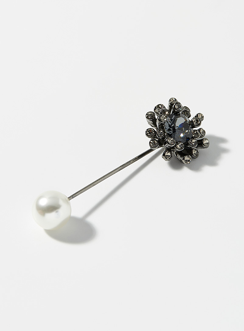 Le 31 Silver Crystal and pearl flower pin for men
