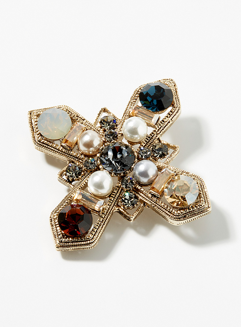 Le 31 Gold Pearl and gemstone cross brooch for men