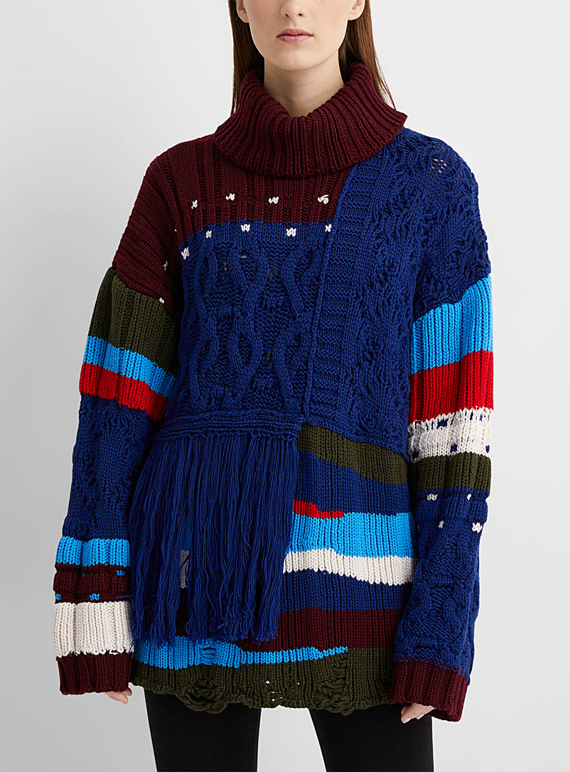 LECAVALIER: Le pull laine mérinos patchwork Bleu à motifs pour femme