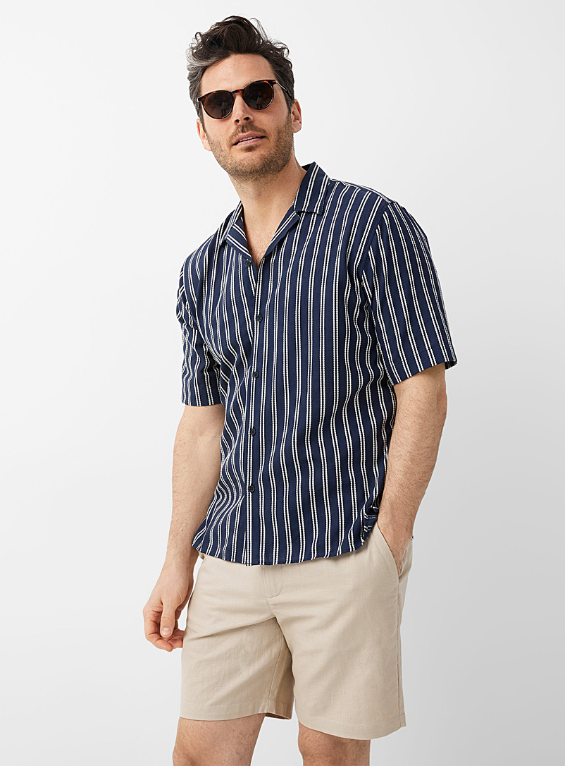 Le 31 Marine Blue Embroidered lines camp shirt Comfort fit for men