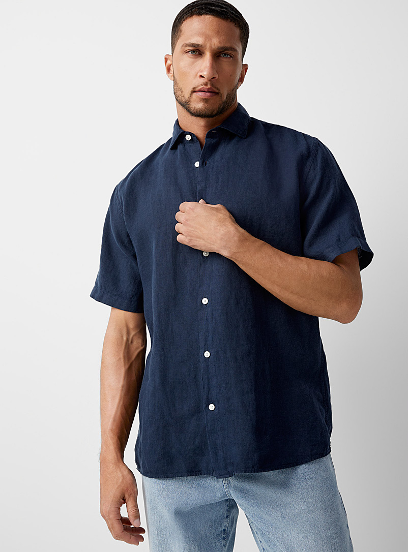 Le 31 Navy/Midnight Blue Vintage pure linen solid shirt Comfort fit for men
