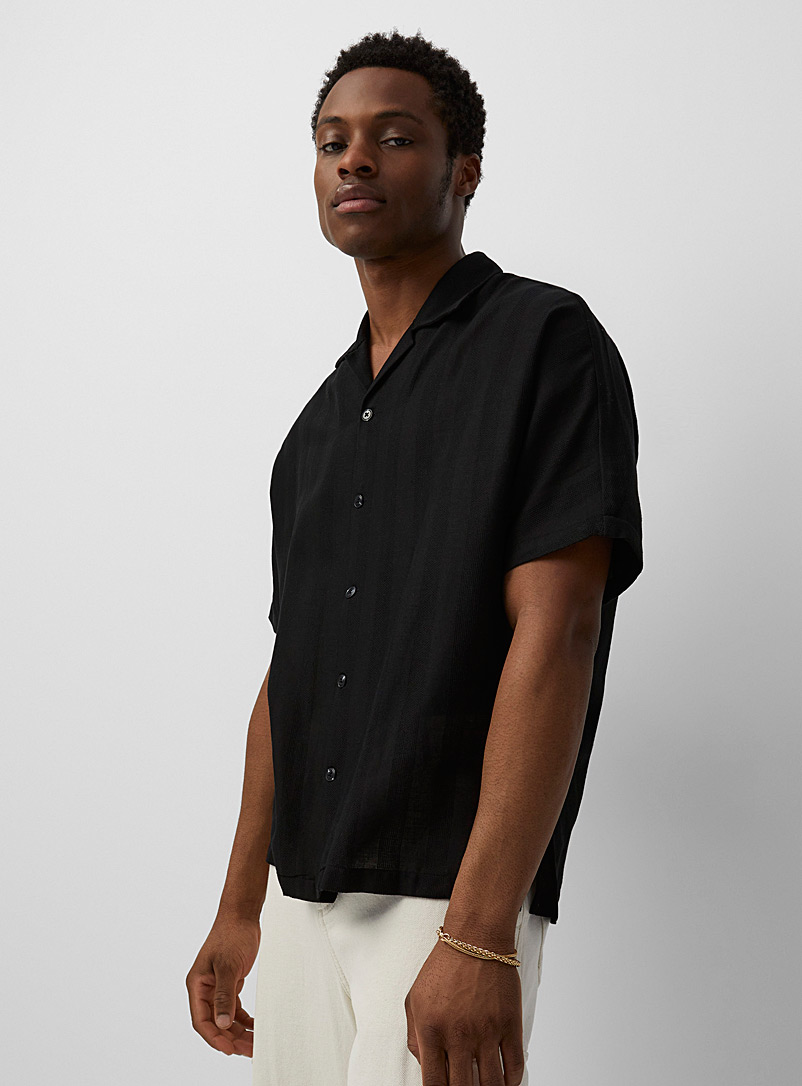 Le 31 Black Piqué-stripe camp shirt for men