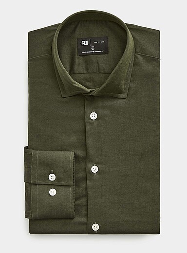 Le 31 Khaki/Sage/Olive Khaki twill shirt <b>Modern fit</b> for men