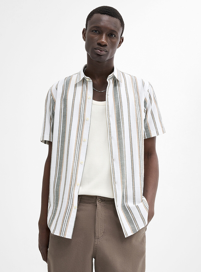 Le 31: La chemise toile brute ray&eacute;e <b>Coupe moderne</b> Ivoire - Beige cr&egrave;me pour homme