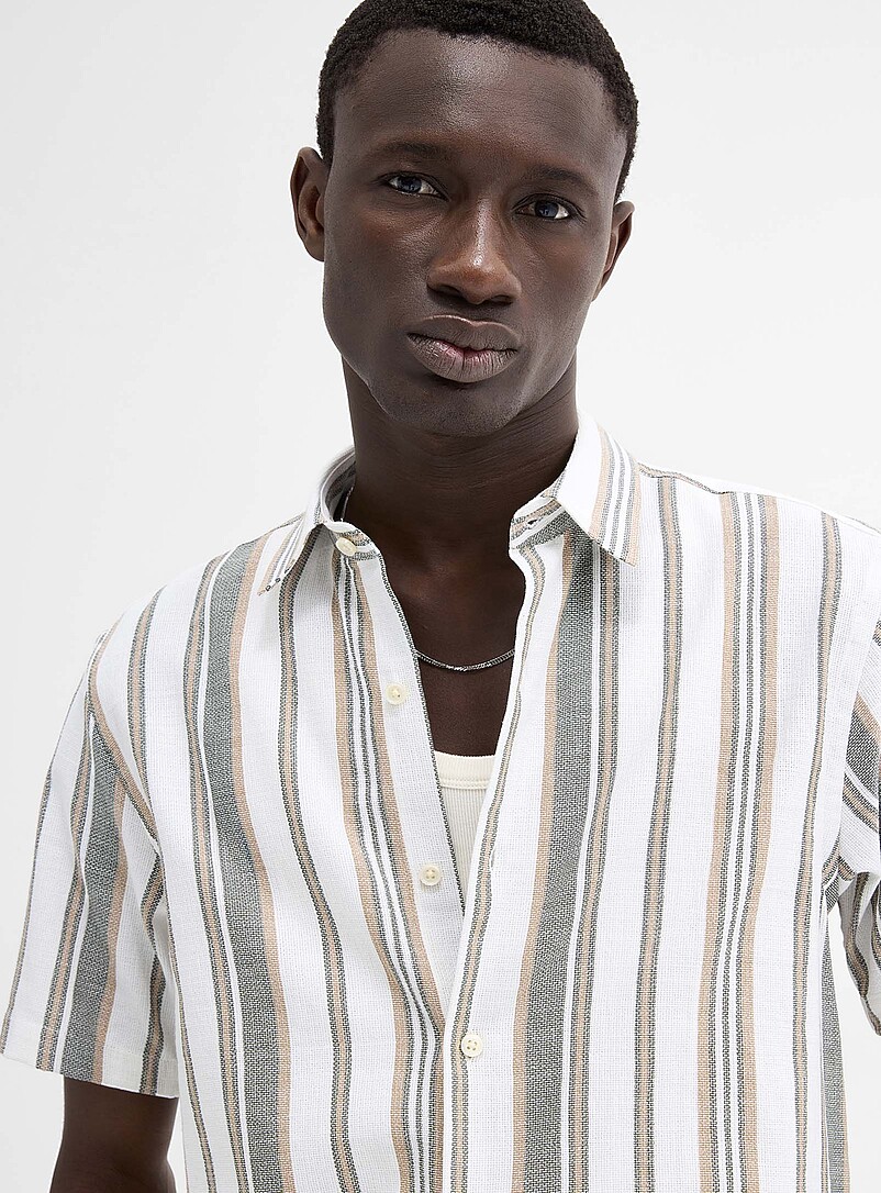 Le 31 Green Striped raw-fabric shirt <b>Modern fit</b> for men