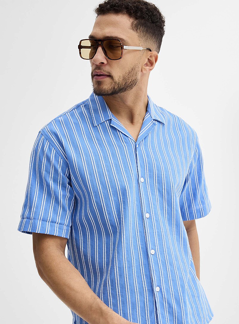 Le 31: La chemise col ouvert rayures doubles textur&eacute;es <b>Coupe confort</b> Jaune dor&eacute; pour homme