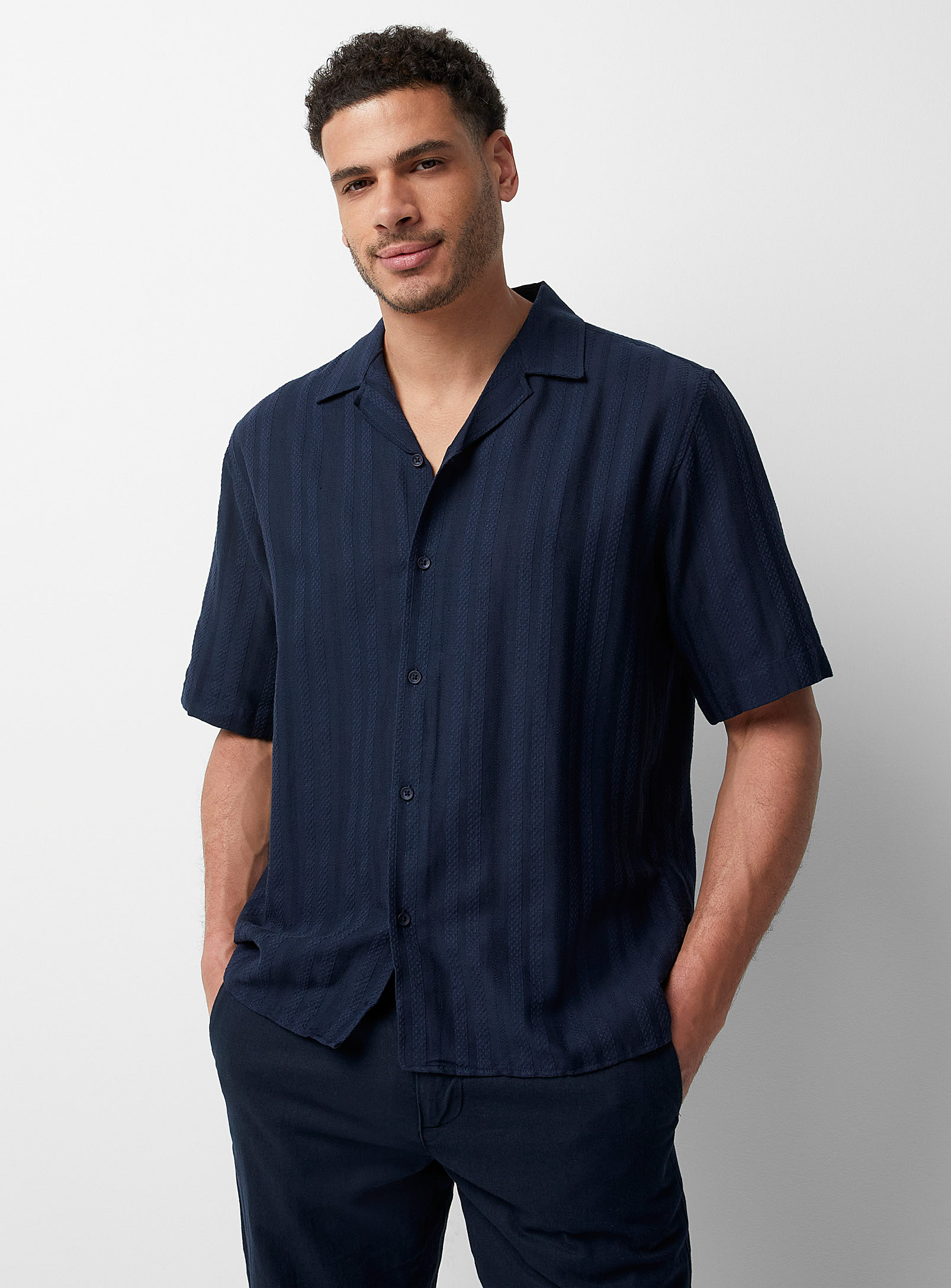 Le 31 Woven-stripe Camp Shirt In Navy/midnight Blue