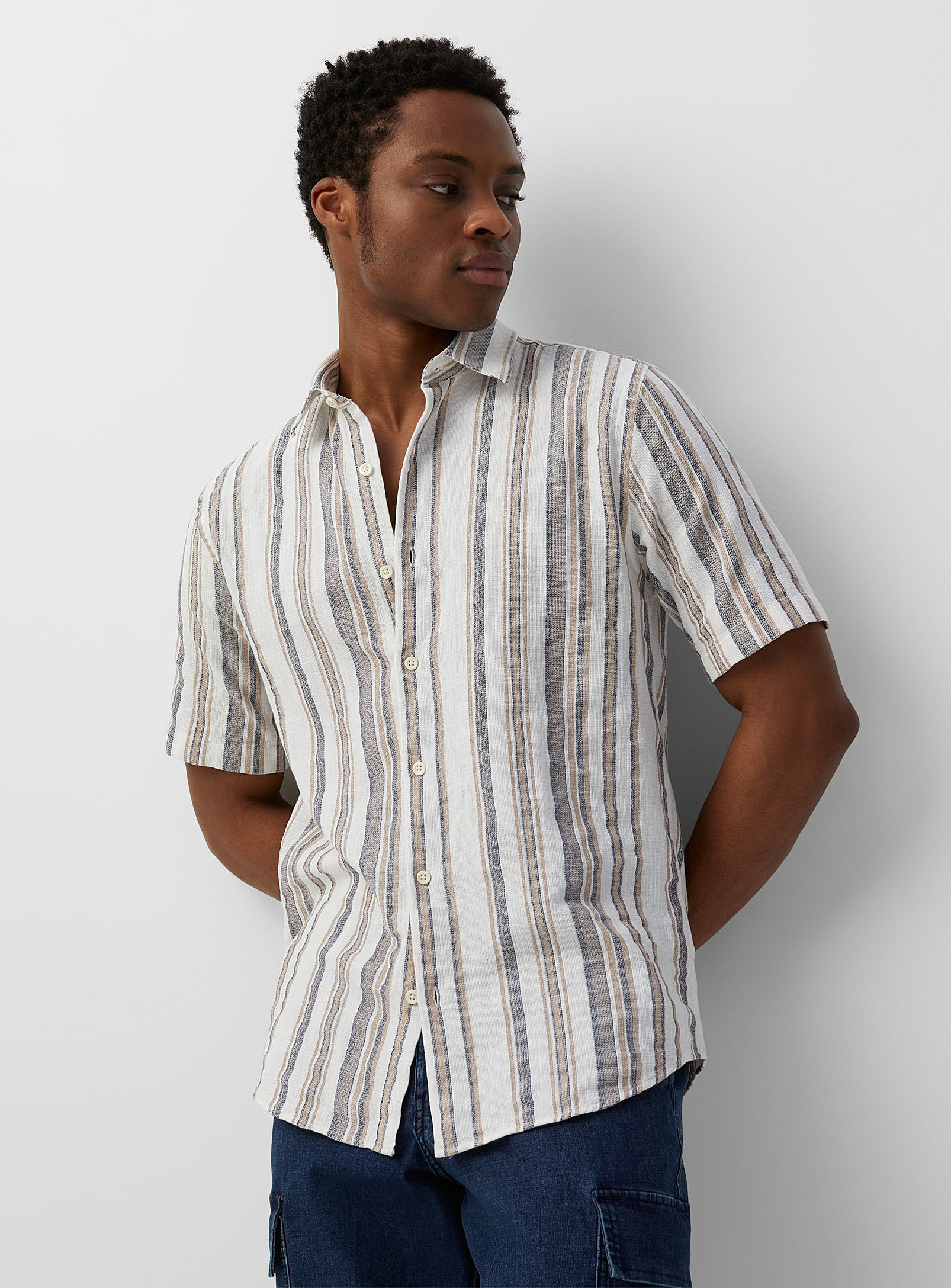 Le 31 Striped Raw-fabric Shirt Modern Fit In Patterned White