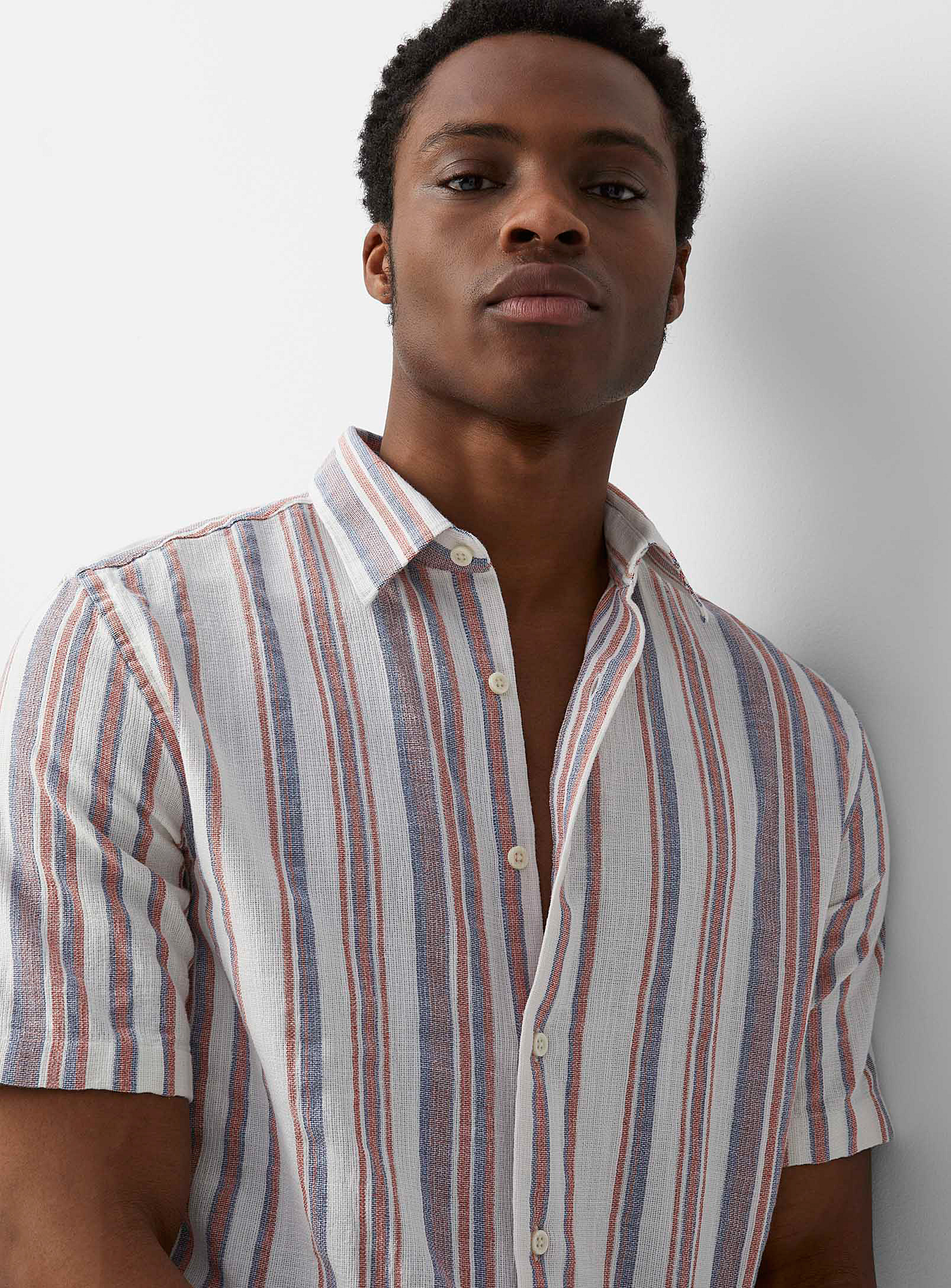 Le 31 Striped Raw-fabric Shirt Modern Fit In Bright Red