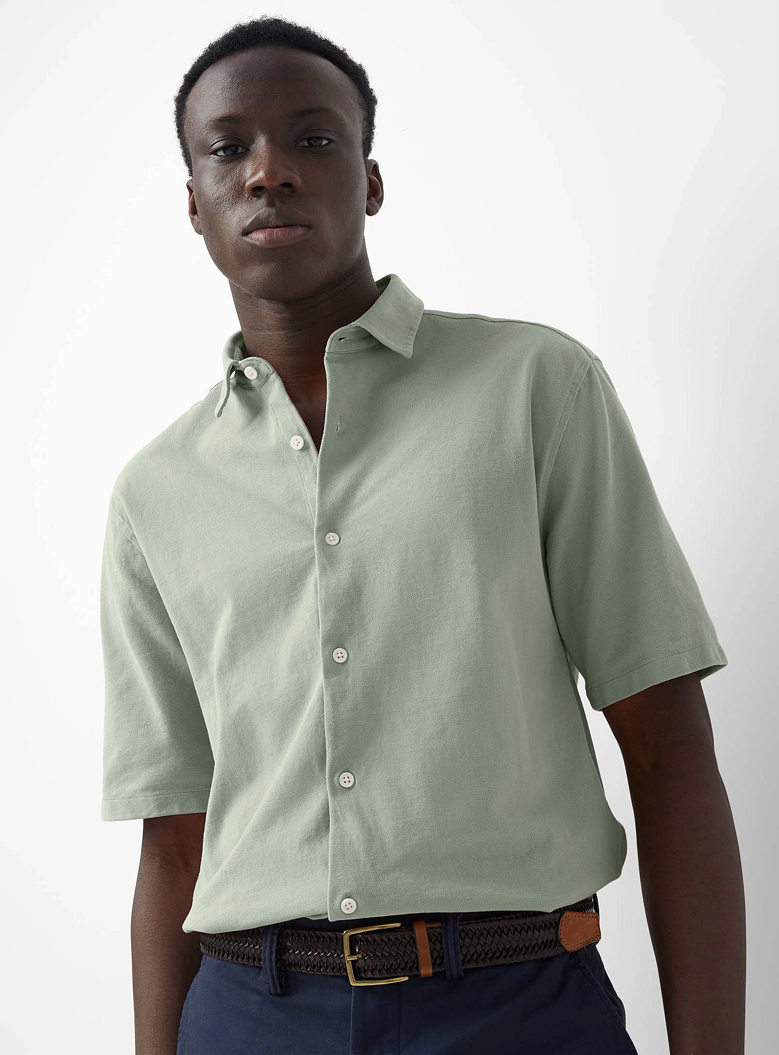 Le 31 Piqué Jersey Shirt Modern Fit In Mossy Green