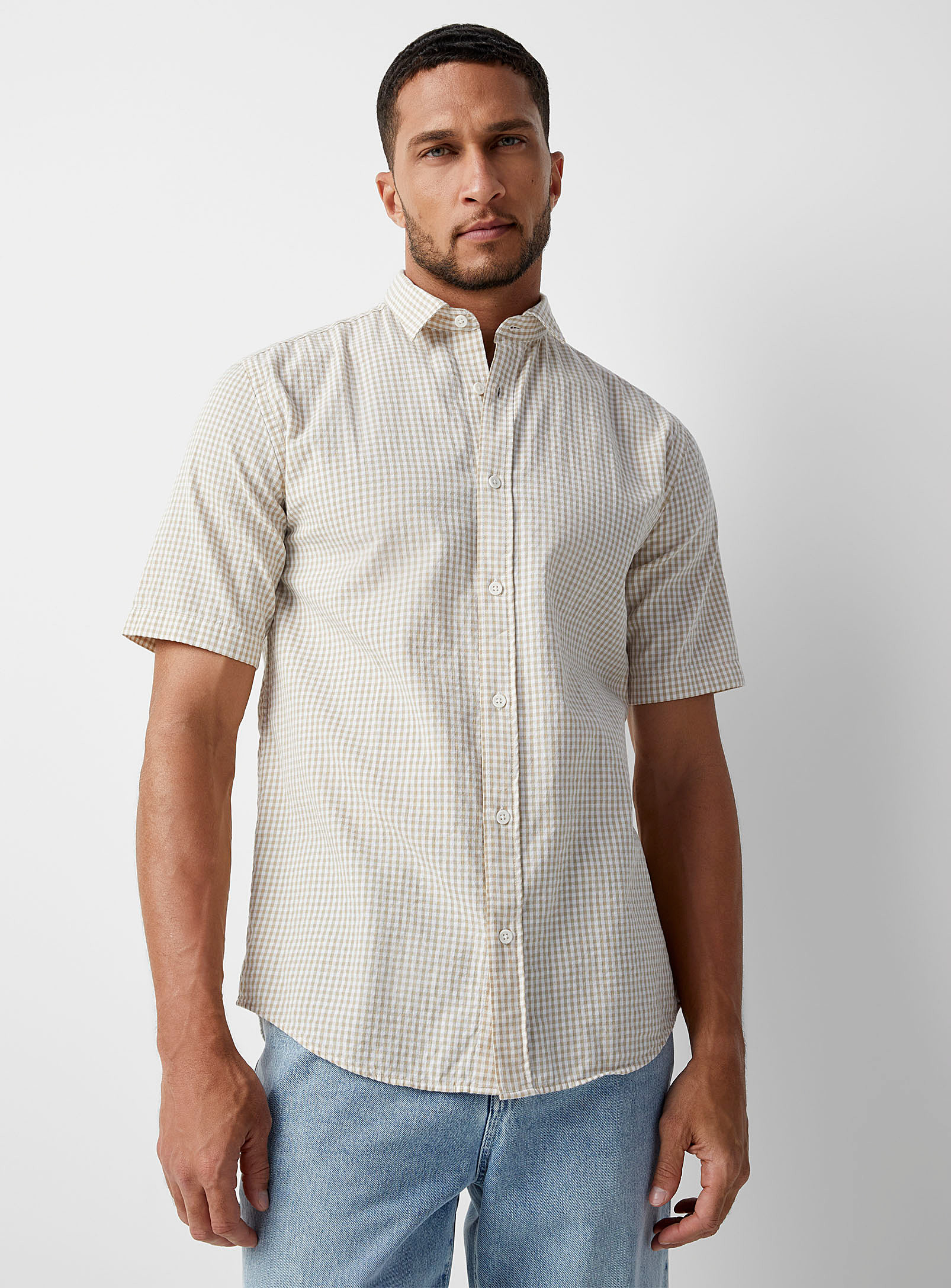 Le 31 Pure Cotton Seersucker Gingham Shirt Modern Fit In Patterned White