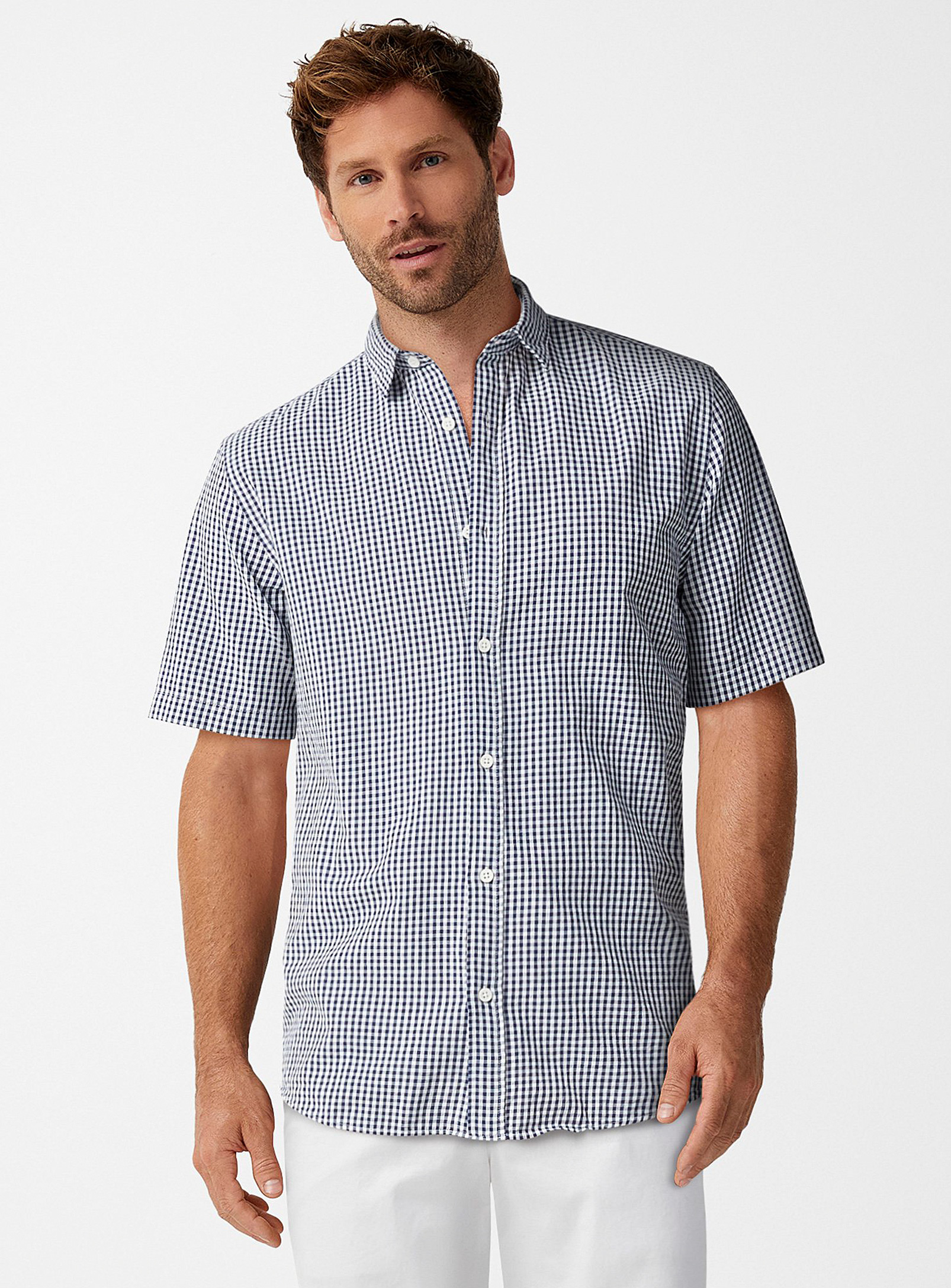 Le 31 Pure Cotton Seersucker Gingham Shirt Modern Fit In Patterned Blue