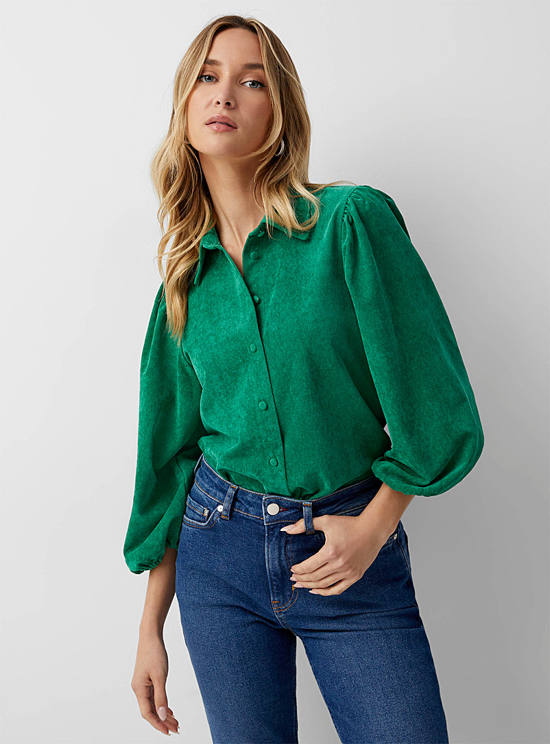Icône: Le chemise manches bouffantes velours côtelé Vert pour femme