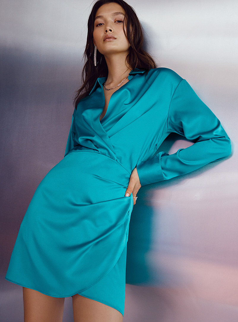 Icône Teal Satiny draped crossover dress for women