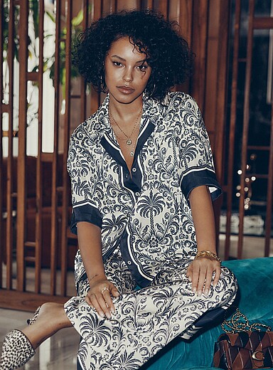 Printed double-face satin notch-collar loose blouse
