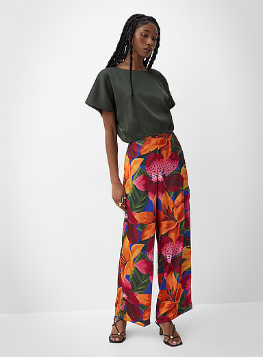 Printed double-face satin wide-leg pant