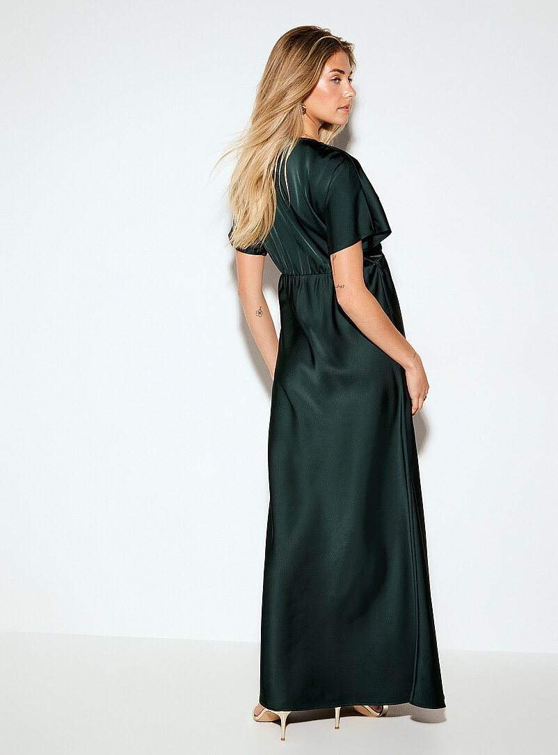 Ic&ocirc;ne Patterned Black V-neck double-face satin maxi dress for women