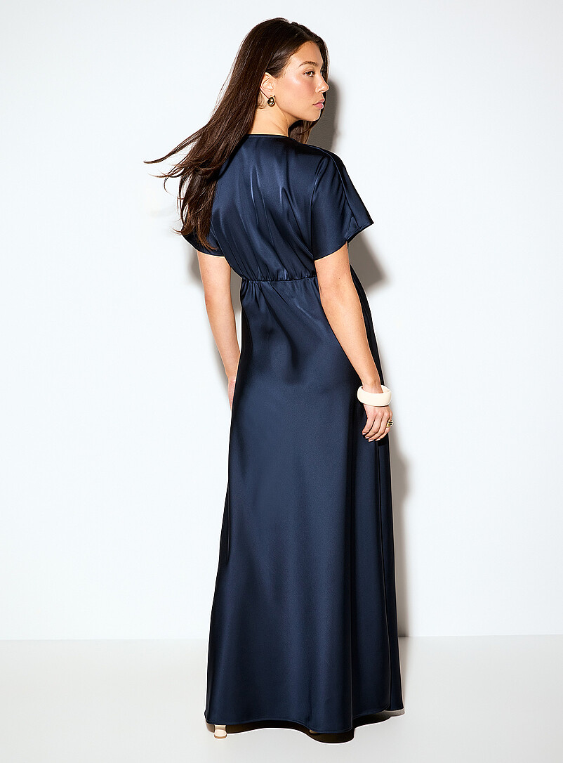 Ic&ocirc;ne Patterned Black V-neck double-face satin maxi dress for women