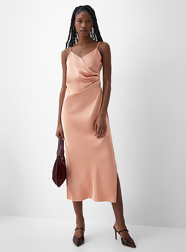 Double-face satin draped collar slip dress