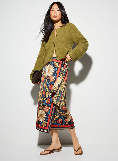 Printed double-faced satin wraparound midi skirt