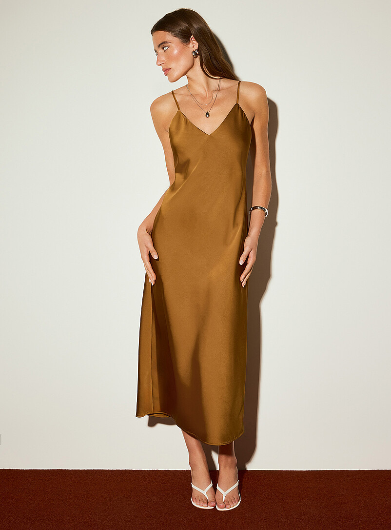Ic&ocirc;ne Bronze/Amber Double-face satin long slip dress for women