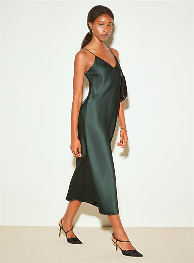 Ic&ocirc;ne Pine/Bottle Green Double-face satin long slip dress for women